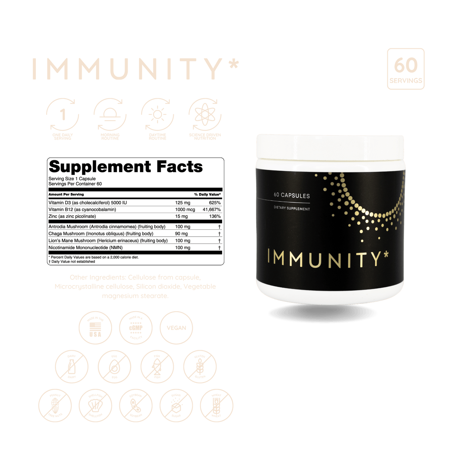Immunity 60-serving capsule jar with full ingredient transparency and clean-certification icons for immune and defense support.